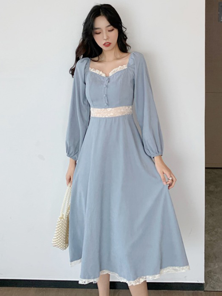 [부분당일출고] 햅번스타일 블루 긴팔 레이스 롱 원피스 에이라인 스커트 봄 여름 드레스